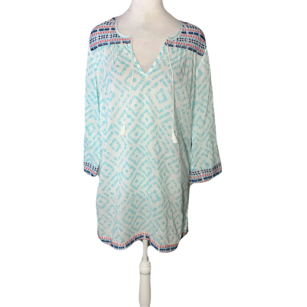 NWT J. McLaughlin Womens Medium Light Turquoise/White Embroidered Trim Tunic Top